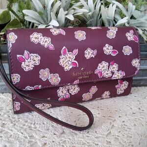 New Women's Kate Spade Phone Wallet Wristlet Purse Berry Frosted Floral Glitter